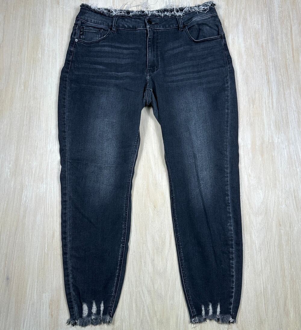 Kancan Black Distressed High Rise Skinny Edgy Raw Frayed Waist Denim Jeans 18